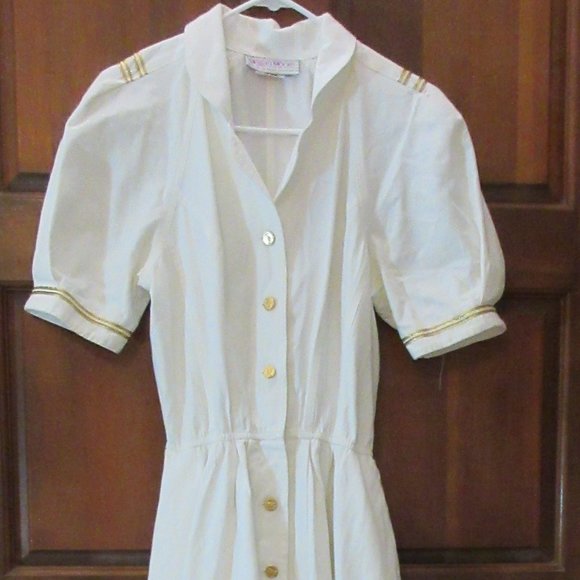 Long White Gold Trim MEGAN MOORE Dress Size 12 - Picture 1 of 5